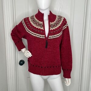 TIARA Ramie Cotton Fair Isle Knit Zip Cardigan Sweater XL with Leather accents